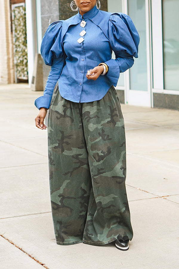 Stylish Camouflage Print Wide Leg Pants