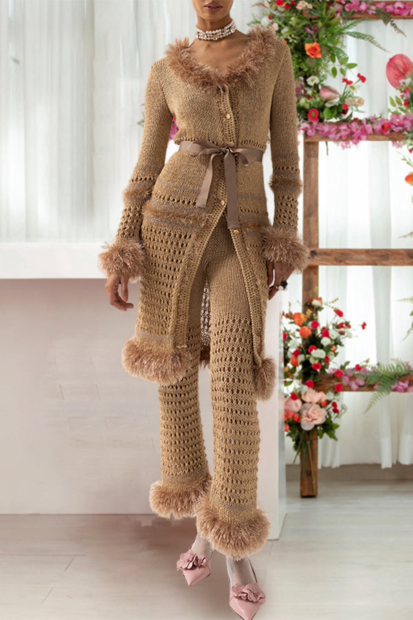 Stylish Fuzzy Trim Hollow Out Knit Pants