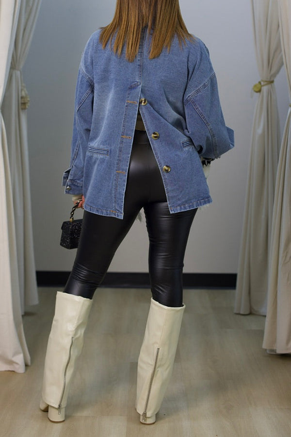 Stylish Open Front Button Back Patchwork Denim Jacket