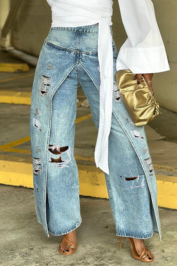 Stylish Ripped High Waist Straight Leg Jeans