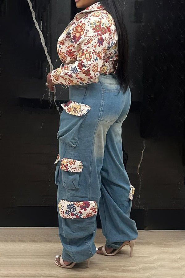 Designer Printed Patchwork Pocket Jeans