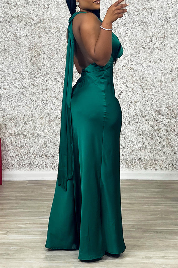 Elegant Solid Draped Collar Maxi Dress