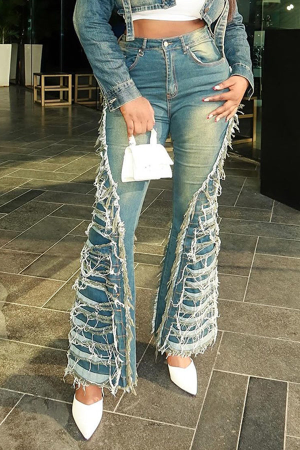  Avant-garde Thread Fringe Gradient Flare Jeans