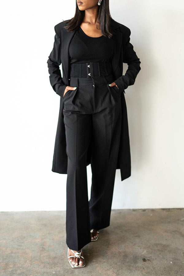 Fashionable Long Blazer & Flared High-waisted Trousers Suit