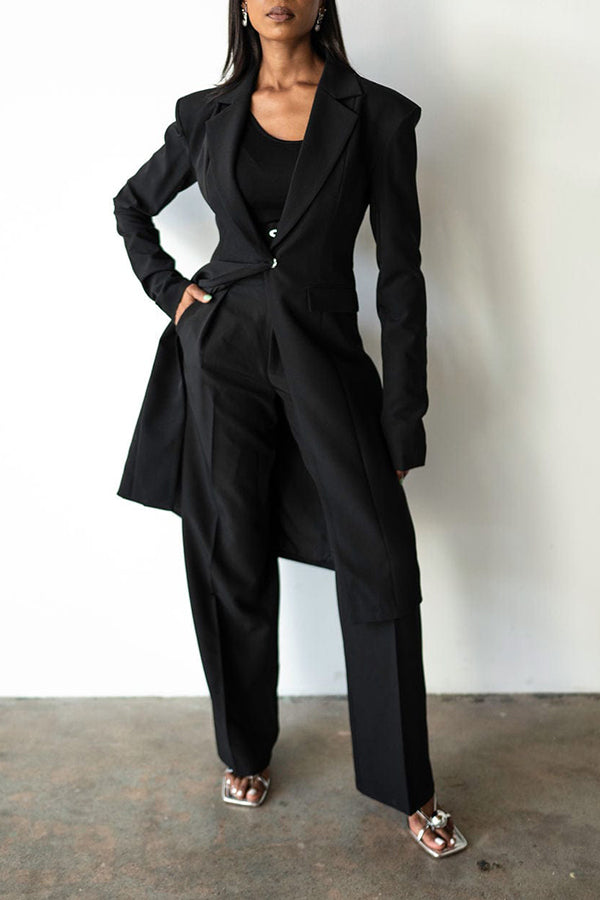 Fashionable Long Blazer & Flared High-waisted Trousers Suit