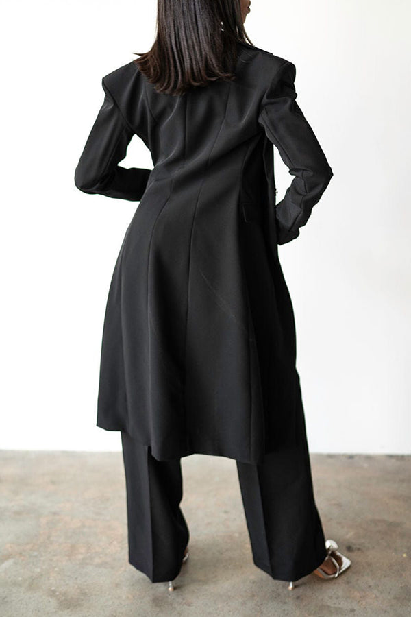 Fashionable Long Blazer & Flared High-waisted Trousers Suit