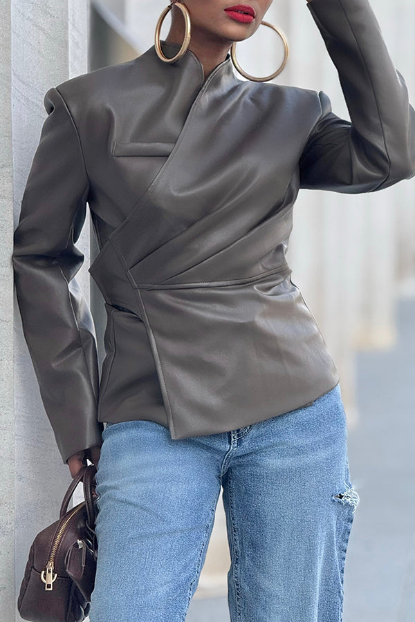 Stylish Wrap Style Asymmetrical Leather Coat