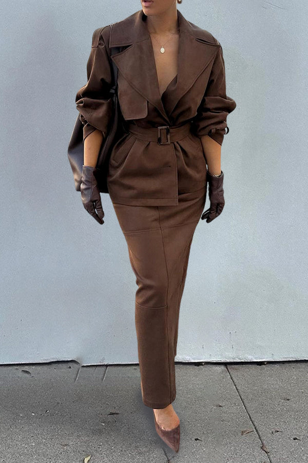 Chic Lapel Neck Belted Coat & Skirt Set