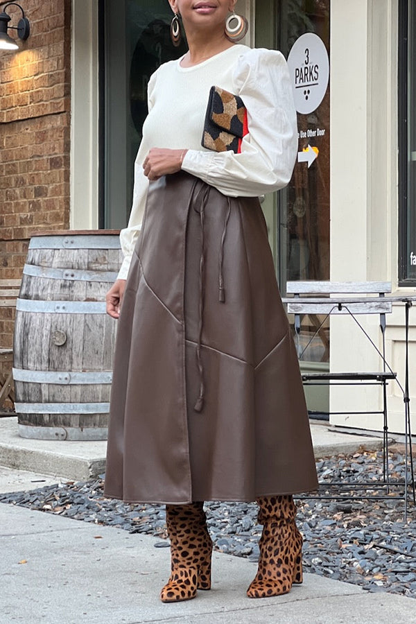 Stylish Faux Leather Belted Skirt 