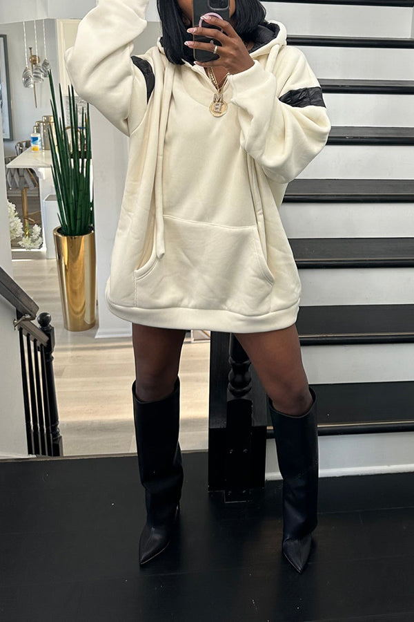 Trendy PU Spliced Sweatshirt Dress