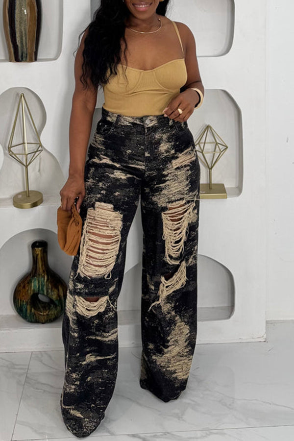 Stylish Ripped Wide Leg Jeans