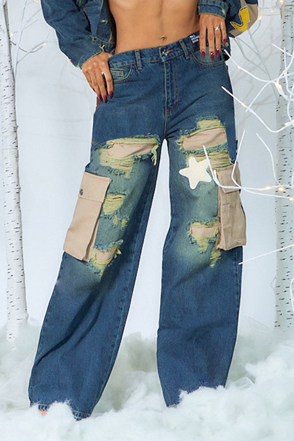 Fashion Flap Pocket Letter Patched Jeans