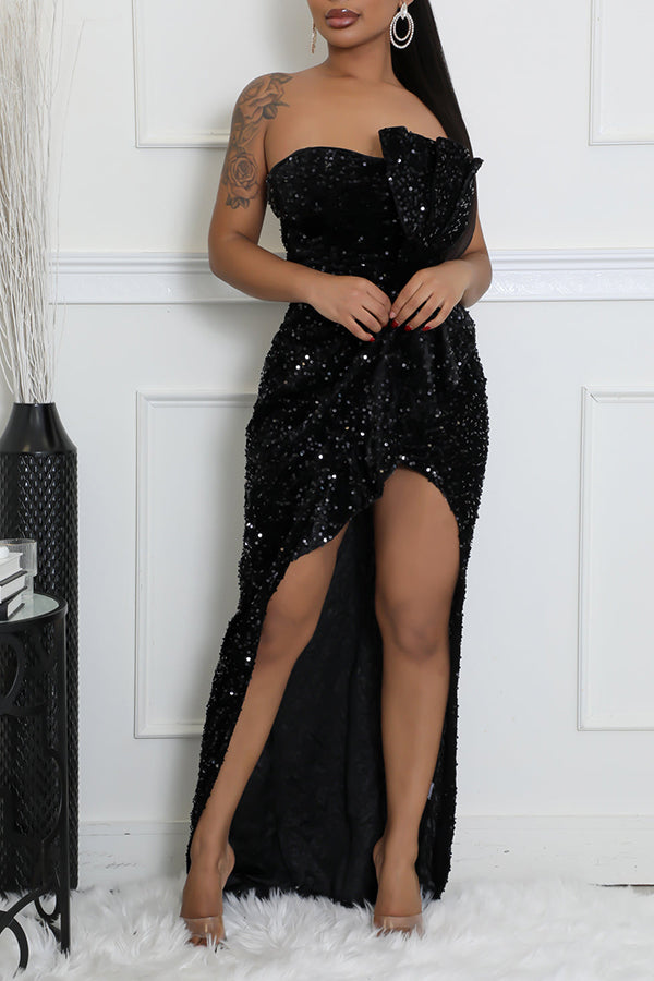 Party Sequin Off Shoulder Pleated Dress