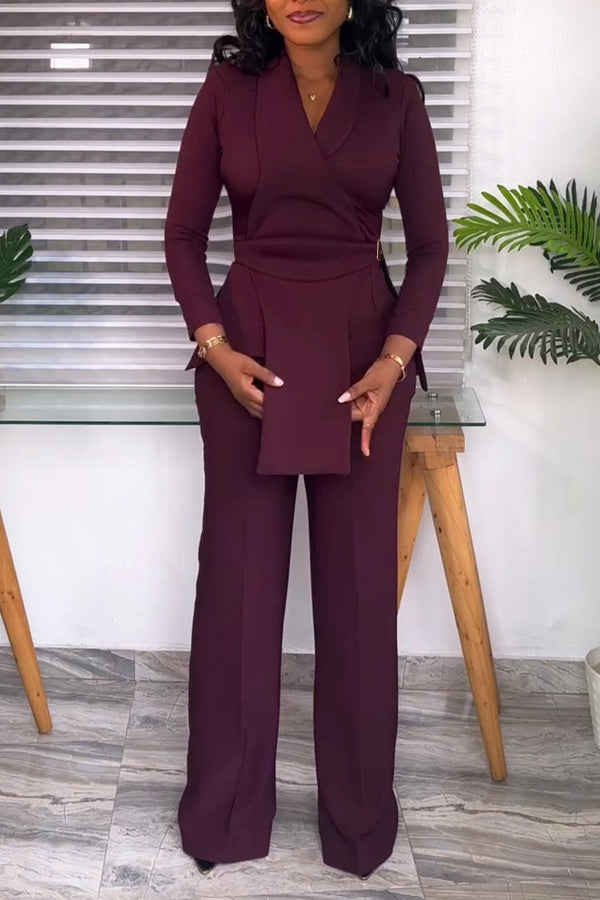 Elegant Belted Jacket & Straight Leg Pants Set