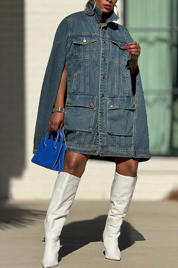 Stylish Utility Pockets Denim Cape Dress