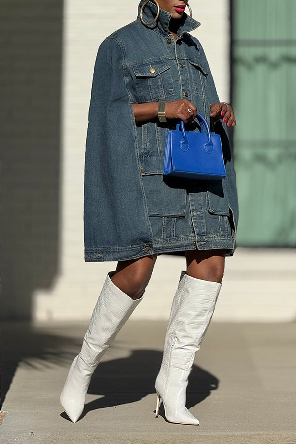 Stylish Utility Pockets Denim Cape Dress