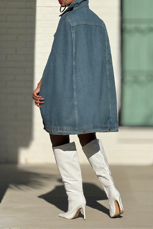 Stylish Utility Pockets Denim Cape Dress