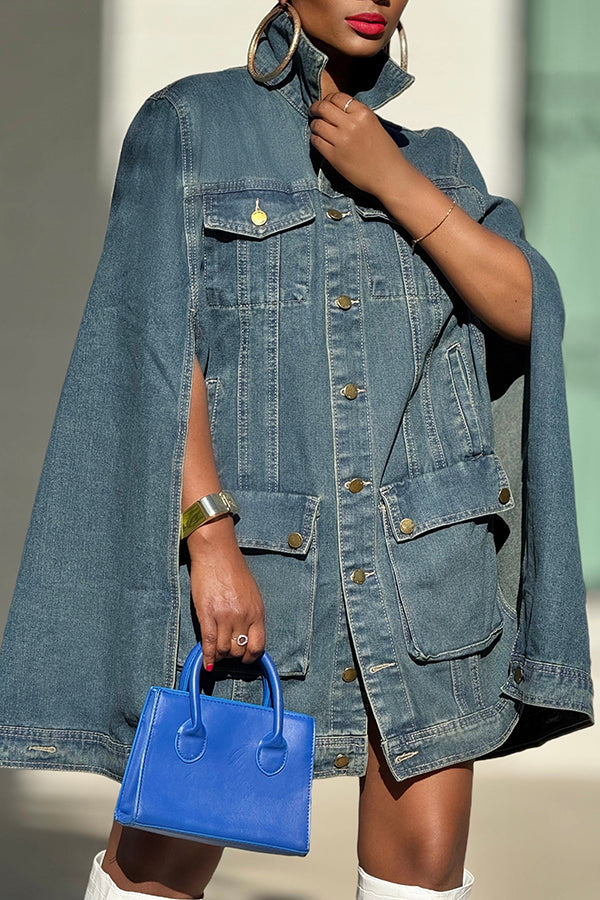 Stylish Utility Pockets Denim Cape Dress