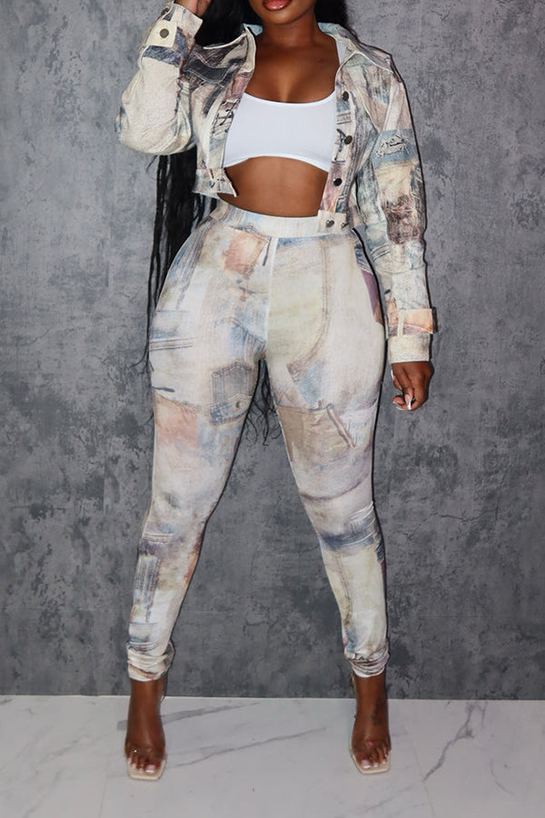 Fashionable Color Print Jacket & Slim-fit Pants Set