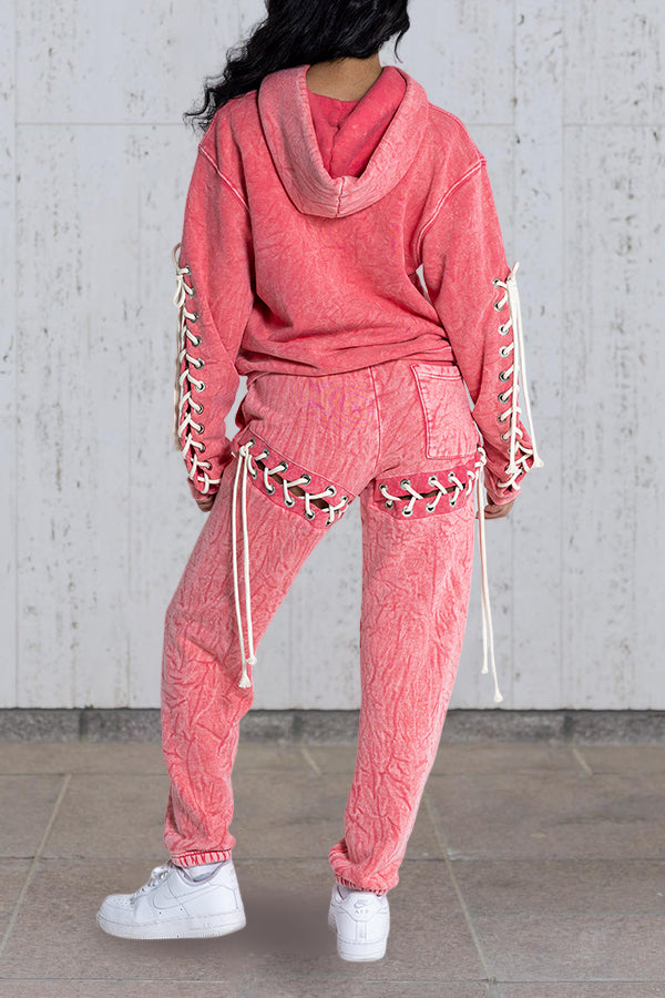 Casual Lace Up Hoodie & Pants Set