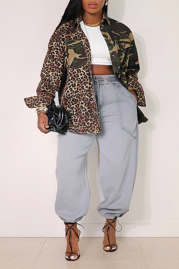 Stylish Two Iconic Prints Camo-Leopard Shirt Jacket