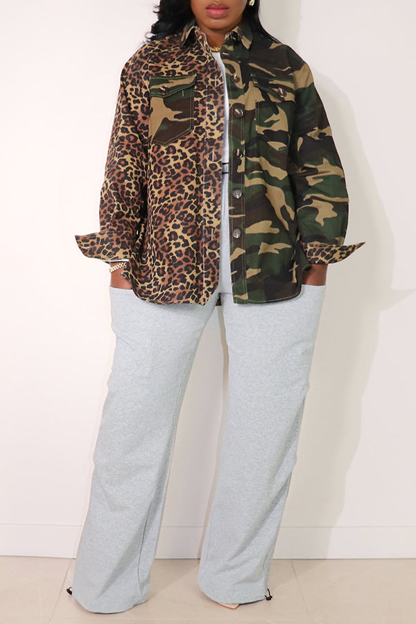 Stylish Two Iconic Prints Camo-Leopard Shirt Jacket