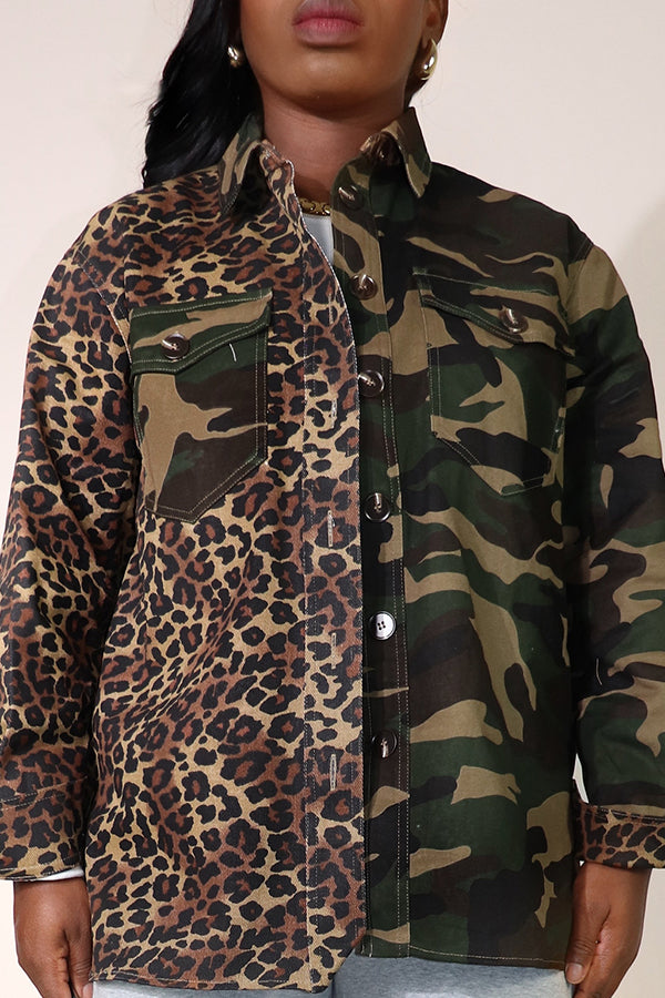 Stylish Two Iconic Prints Camo-Leopard Shirt Jacket