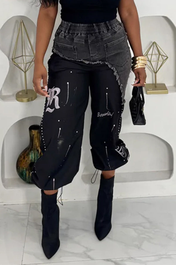 Stylish Letter Graphic Denim Patch Pants