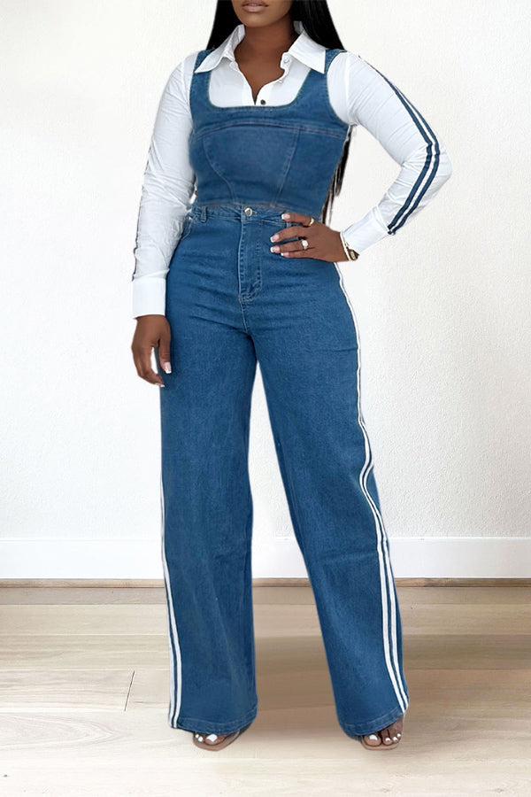 Youthful Fake Two-Piece Top & Striped Jeans Set