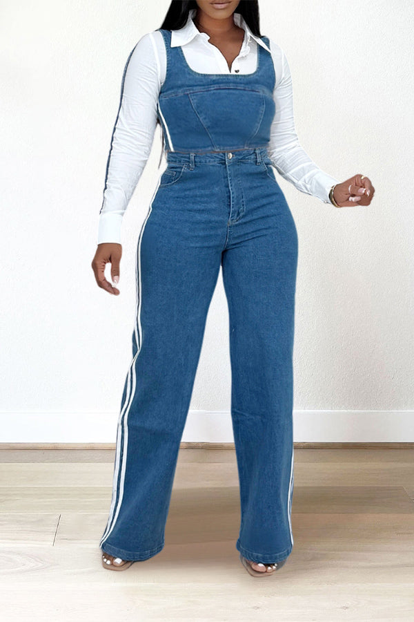 Youthful Fake Two-Piece Top & Striped Jeans Set