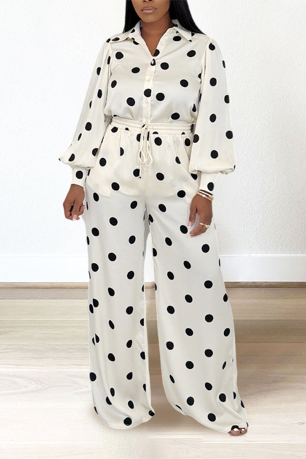 Fashionable Polka Dot Shirt & Drawstring Pants Set