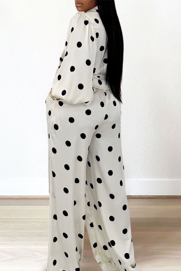 Fashionable Polka Dot Shirt & Drawstring Pants Set