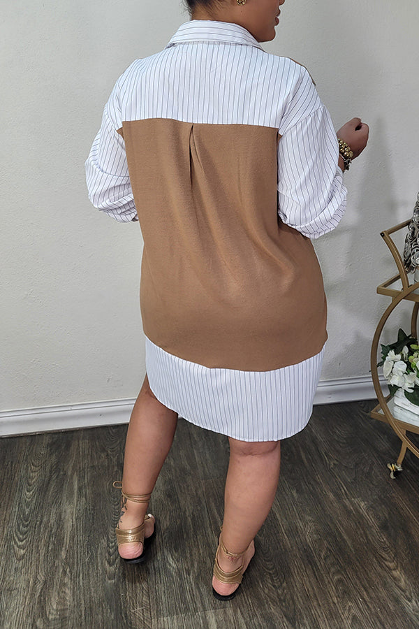 Fashion Stripe Spliced Shirt Collar Dress