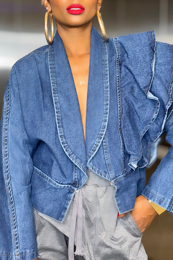 Stylish Open Front Denim Ruffle Jacket