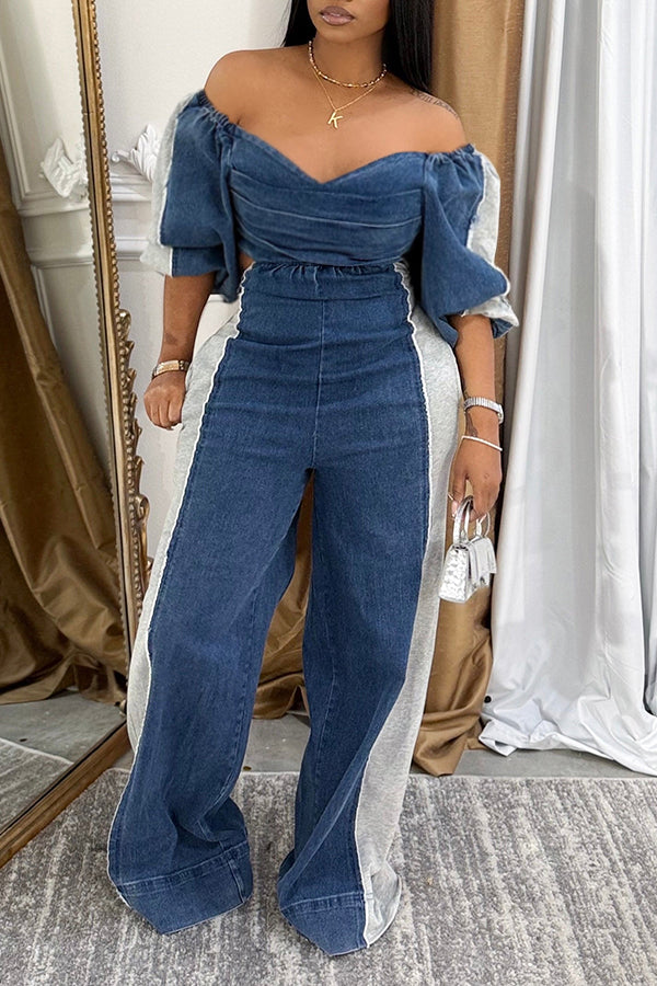 Fashion Off Shoulder Patchwork Denim Jumpsuit