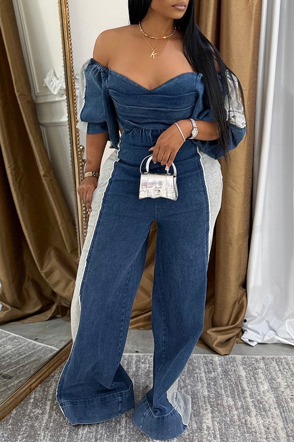 Fashion Off Shoulder Patchwork Denim Jumpsuit