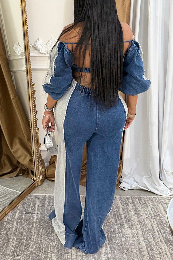 Fashion Off Shoulder Patchwork Denim Jumpsuit