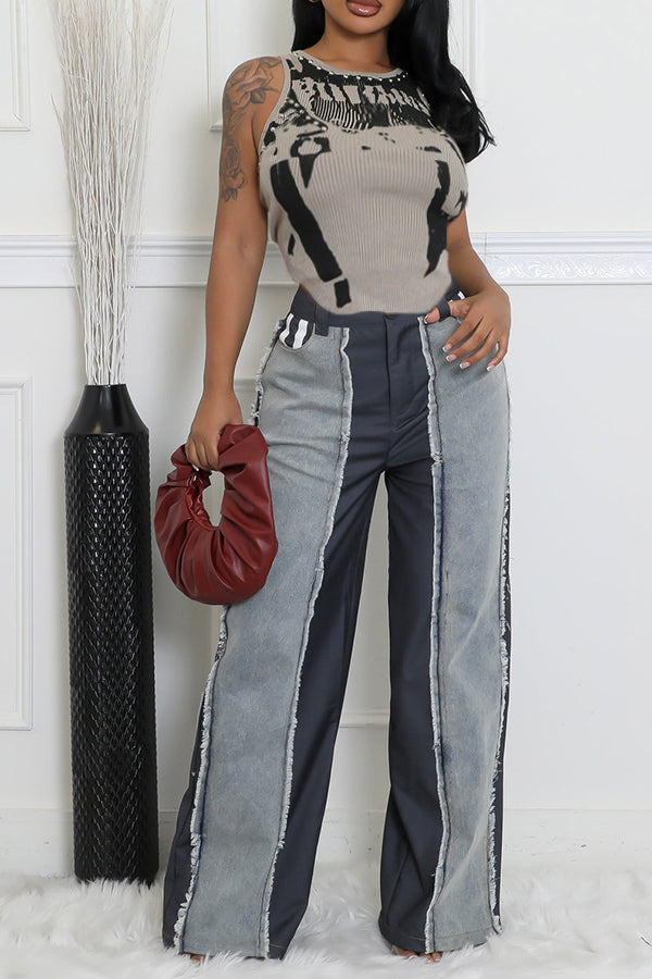 Raw Trim Patchwork High Waist Jeans 