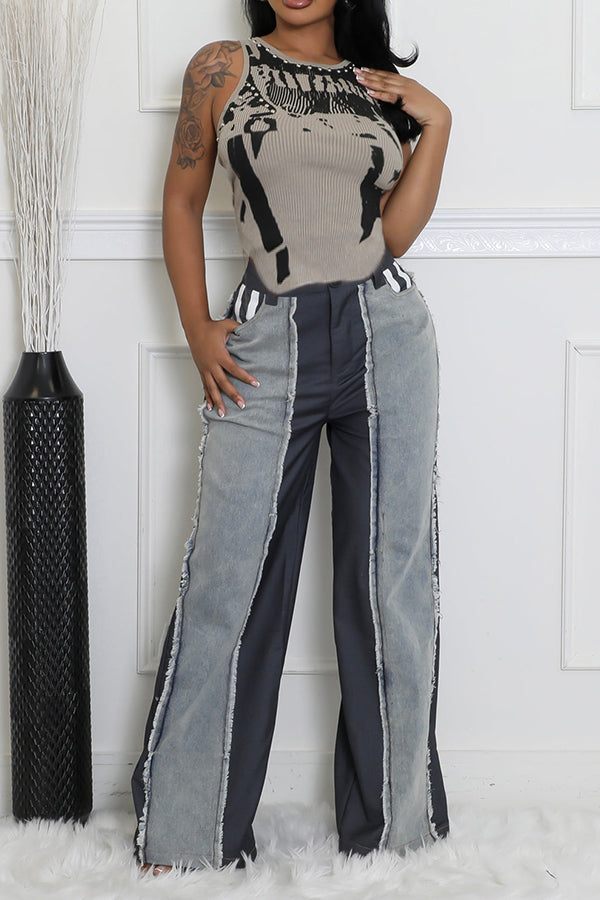 Raw Trim Patchwork High Waist Jeans 