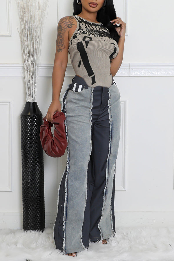 Raw Trim Patchwork High Waist Jeans 