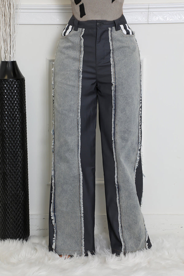 Raw Trim Patchwork High Waist Jeans 