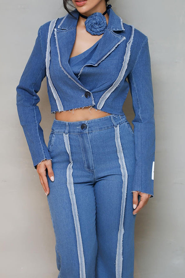 Stylish Peak Collar Denim Top & Pants Set