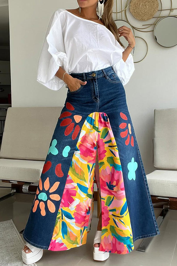 Stylish Floral Print Denim Patch Skirt