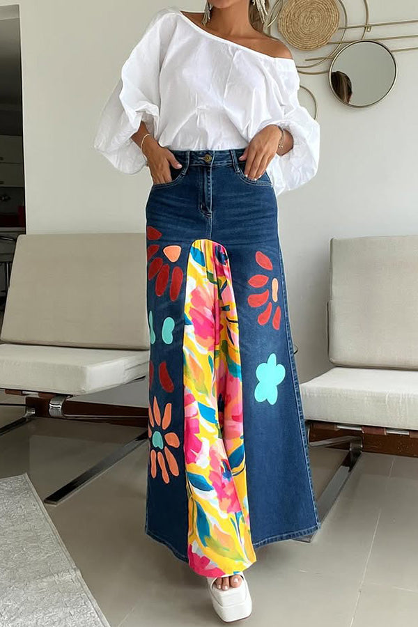 Stylish Floral Print Denim Patch Skirt