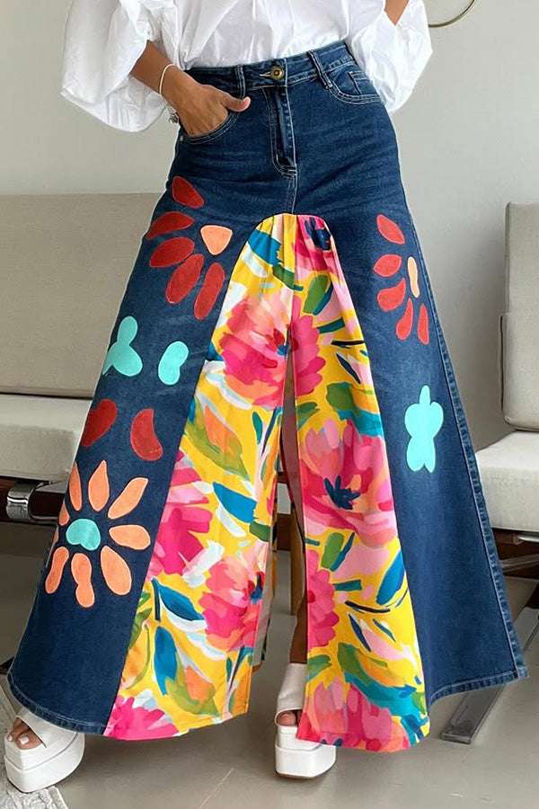 Stylish Floral Print Denim Patch Skirt