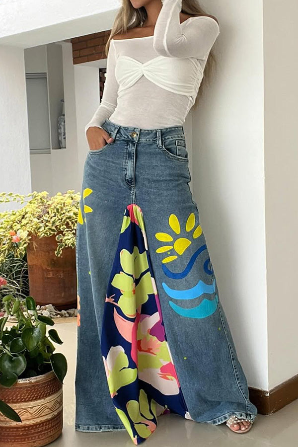 Chic Floral Print High Waist Denim Skirt