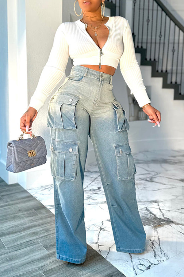 Stylish High-waisted Utility Pockets Jeans