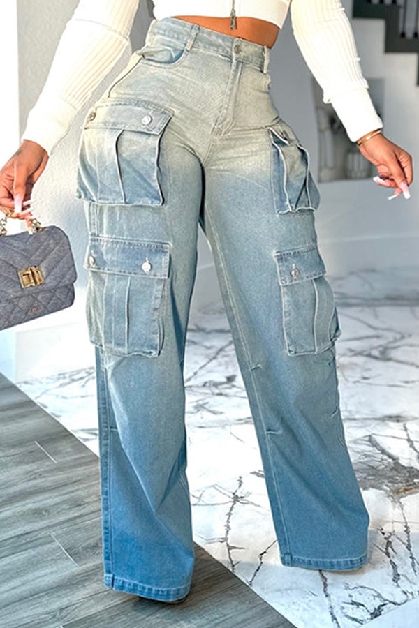 Stylish High-waisted Utility Pockets Jeans