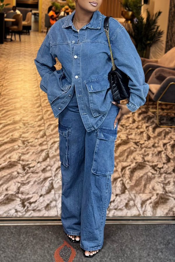 Stylish Flap Pocket Denim Top & Pants Set