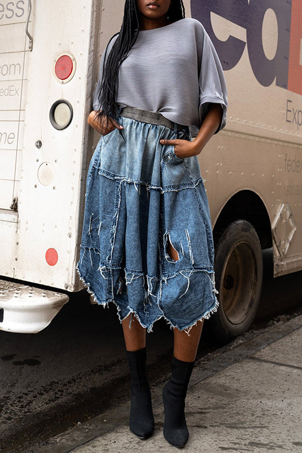 Irregular Bleach Wash Ripped Denim Skirt